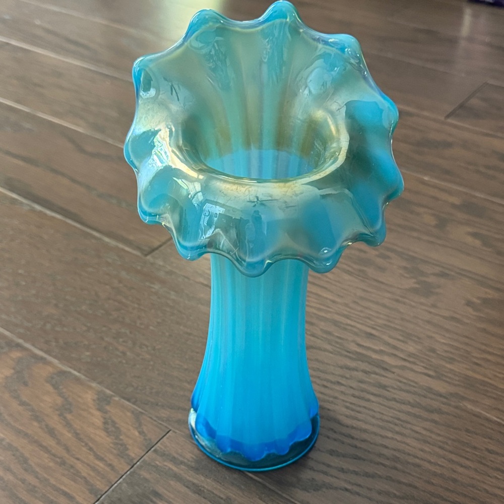 Westmoreland Corinth Blue Opal Jack-in-the-Pulpit carnival glass vase.